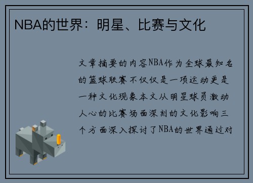 NBA的世界：明星、比赛与文化